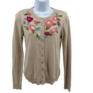 Tabitha Cardigan Sweater SZ S Beige Floral Embroidered Cotton Crewneck Button Up
